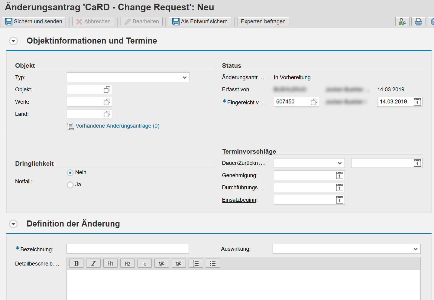 SAP – Änderungsantrag „CaRD – Change Request“